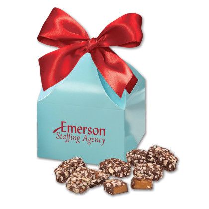 Custom English Butter Toffee in Robin's Egg Blue Classic Treats Gift Box - Red Ribbon Custom English Butter Toffee in Robin's Egg Blue Classic Treats Gift Box - Red Ribbon