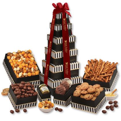 Custom Flavorful Delights Gift Tower - Red Ribbon Custom Flavorful Delights Gift Tower - Red Ribbon