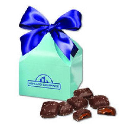Custom Chocolate Sea Salt Caramels in Robin's Egg Blue Gift Box - Blue Ribbon