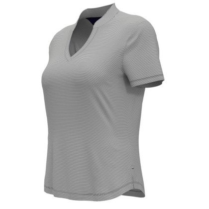 Custom Ladies Fine Line Stripe Polo - Peacoat Navy/White - Side View