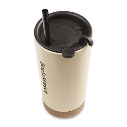 Custom Valo Ceramic To-Go Cup - 18 Oz. - Bone - Top View with Straw