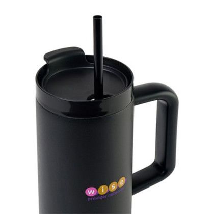 Custom Adrian Travel Tumbler with Straw - 30 Oz. - Black - Top View with Lid