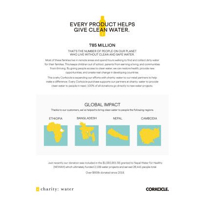 With every purchase of a Corkcicle product, a donation is made to a charities providing clean water to people in need