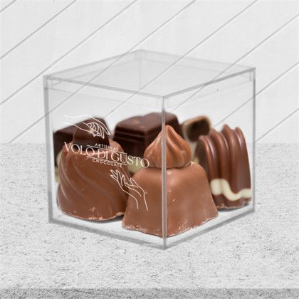 Custom 4" x 4" x 4" Clear Plastic Box - Filled with Chocolates (Not Included)