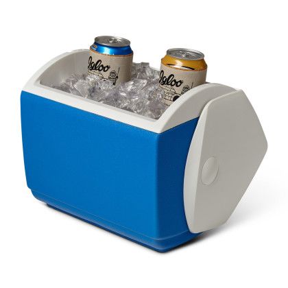 Custom Igloo Playmate Pal 7 Qt Cooler - White-Majestic Blue - In Use - Side View