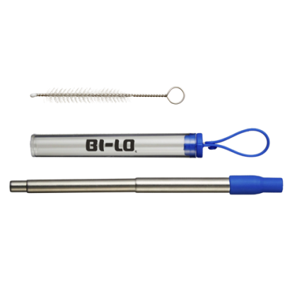 Custom Collapsible Stainless Steel Straw Set with Silicone Mouthpiece - Blue