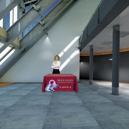 Custom 6' Customized Open Back Throw Style Table Cover - In Use