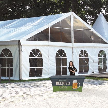 Custom 6' Digitally Printed Stretch Table Covers - In Use