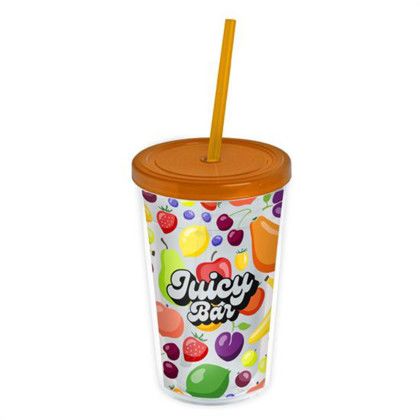 Custom 16 oz. Transparent Sentinel Tumbler with Clear Full Color Insert - Translucent Orange Lid & Straw