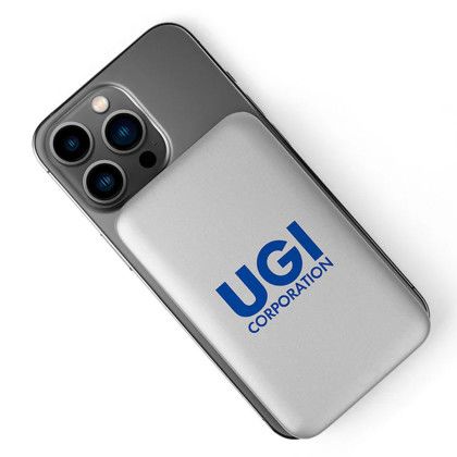 Custom Slim MagCharge Power Bank 5000 mAh - Silver - On Phone Custom Slim MagCharge Power Bank 5000 mAh - Silver - On Phone