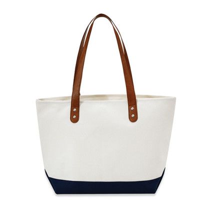 Custom Large Classic Leather Handle Tote - Natural with Navy - Back