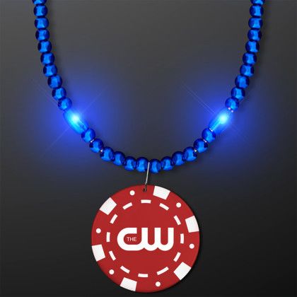 Custom Blue LED Bead Necklace with Red Poker Chip Medallion Custom Blue LED Bead Necklace with Red Poker Chip Medallion