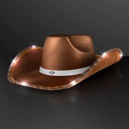 Custom Brown Shimmer Light Up Shiny Cowboy Hat with White Band