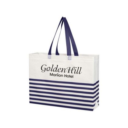 Custom Non-Woven Horizontal Stripe Tote Bag - White with Navy