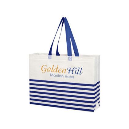 Custom Non-Woven Horizontal Stripe Tote Bag - White with Royal Blue - Added Fee for Multiple Imprint Colors