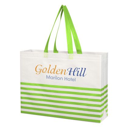 Custom Non-Woven Horizontal Stripe Tote Bag - White with Lime Green - Added Fee for Multiple Imprint Colors
