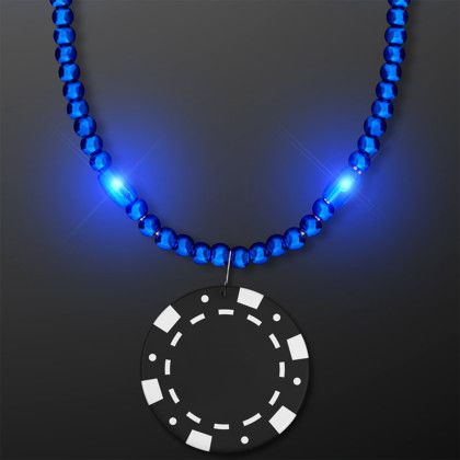 Custom Blue LED Bead Necklace with Black Poker Chip Medallion - 1 Custom Blue LED Bead Necklace with Black Poker Chip Medallion - 1