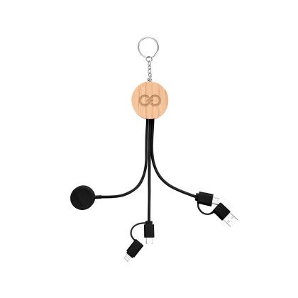 Custom 10W Bamboo Multi Charging Cables Keyring With Watch Dock - Black 