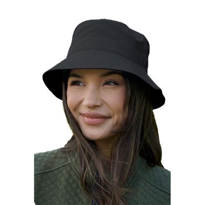 Custom Clutch Bucket Hat - Model Wearing Black Hat with Front View Custom Clutch Bucket Hat - Model Wearing Black Hat with Front View