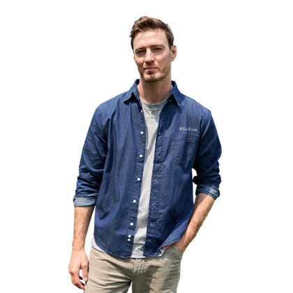 Custom Men's Hudson Denim Shirt - Model Wearing Denim Shirt with logo