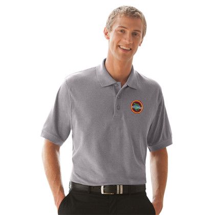 Custom Soft-Blend Double-Tuck Pique Polo - Model Wearing Oxford Tshirt Custom Soft-Blend Double-Tuck Pique Polo - Model Wearing Oxford Tshirt