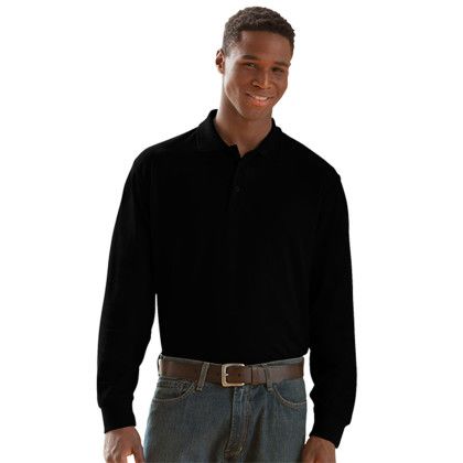 Custom Long Sleeve Soft-Blend Double-Tuck Pique Polo - Model Wearing Black Shirt Custom Long Sleeve Soft-Blend Double-Tuck Pique Polo - Model Wearing Black Shirt