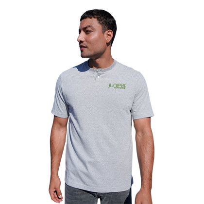 Custom Harlow Henley - Model Wearing Grey/White Tshirt with logo