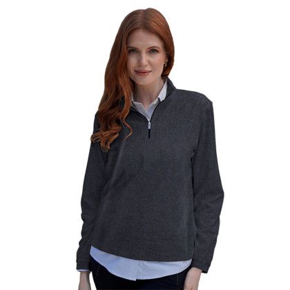 Custom Women's Luxe 1/4 Zip Pullover - Model Wearing Navy Pullover