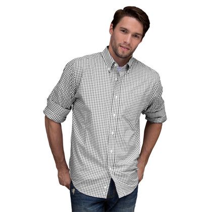 Custom Easy-Care Gingham Check Shirt - Model Wearing Grey/White Shirt  