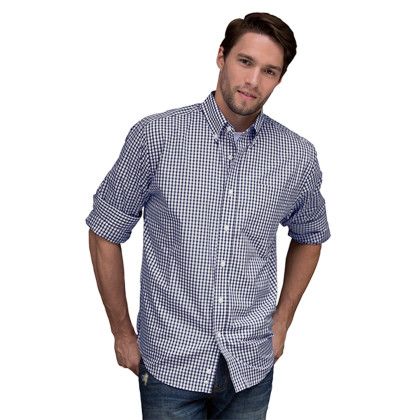 Custom Easy-Care Gingham Check Shirt - Model Wearing Navy/White Shirt  