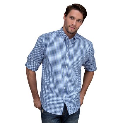 Custom Easy-Care Gingham Check Shirt - Model Wearing Royal/White Shirt  