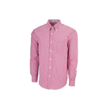 Custom Easy-Care Gingham Check Shirt - Sport Red/White Left Side View with Full Sleeves