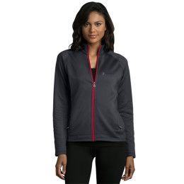 Custom Women's Brushed Back Micro-Fleece Full-Zip Jacket - Model Wearing Dark Grey/Sport Red Jacket With Logo