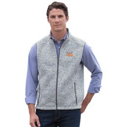 Custom Summit Sweater Fleece Vest - Model Wearing Iceberg With Logo