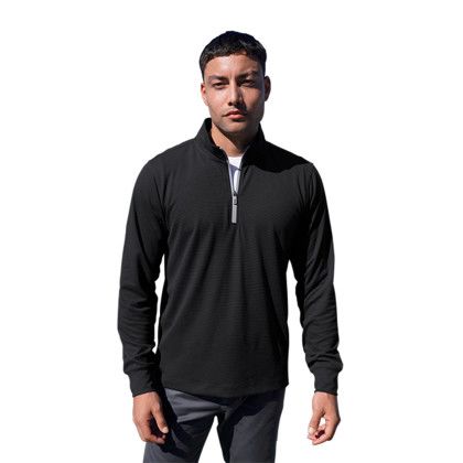Custom Grid 1/4 Zip Pullover - Model Wearing Black Pullover