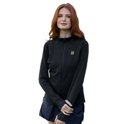 Custom Women's Peak Performance Jacket - Model Wearing Black Jacket Custom Women's Peak Performance Jacket - Model Wearing Black Jacket