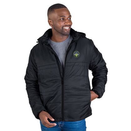 Custom K2 Quilted Puffer Jacket - Model Wearing Black Onyx With logo