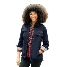 Custom Women's Boulder Shirt Jacket - Model Wearing Navy Jacket 