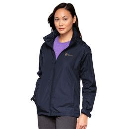 Custom Women's Full-Zip Lightweight Hooded Jacket - Model wearing navy jacket with logo