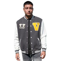 Custom Varsity Award Jacket - Model wearing granite jacket with logo
