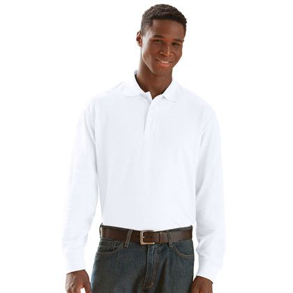 Custom Long Sleeve Soft-Blend Double-Tuck Pique Polo - Model Wearing White Shirt Custom Long Sleeve Soft-Blend Double-Tuck Pique Polo - Model Wearing White Shirt
