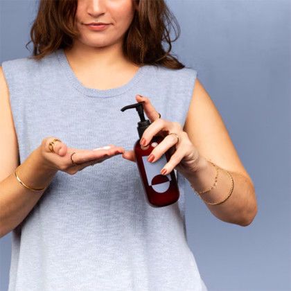 Custom 8 Oz Hand Lotion With Pump Cap - Direct Print  - Model Displaying Glossy Amber Hand Wash 