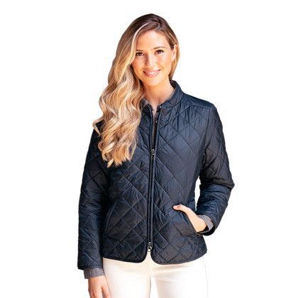 Custom Women's Everett Bomber Jacket - Model Wearing Navy Jacket