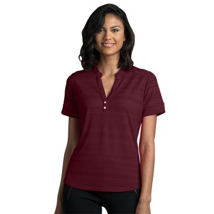 Custom Women's Vansport Strata Textured Henley - Model Wearing Deep maroon Tshirt