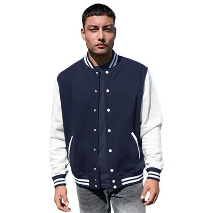 Custom Varsity Award Jacket - Model wearing navy jacket 