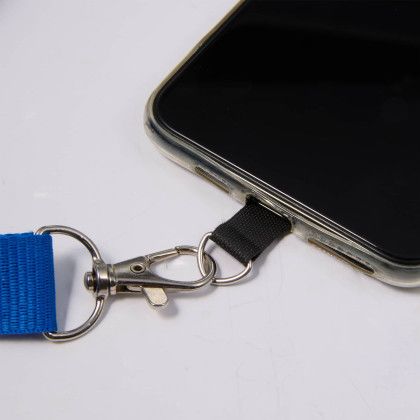 Custom Adjustable Recycled Phone Lanyard - Blue In Use 