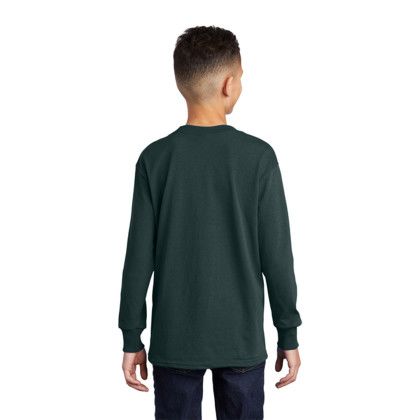 Custom Port & Company Youth Long Sleeve Core Cotton Tee - Dark green Back View 