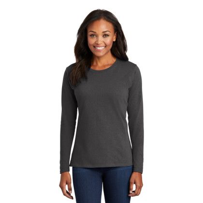Custom Port & Company Women's Long Sleeve Core Cotton Tee - Charcoal Front View