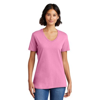 Custom Port & Company Women's Core Cotton V-Neck Tee - Candy Pink Front Side