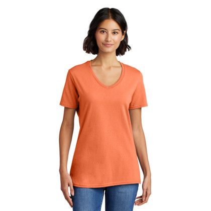 Custom Port & Company Women's Core Cotton V-Neck Tee - Neon orange Front Side 